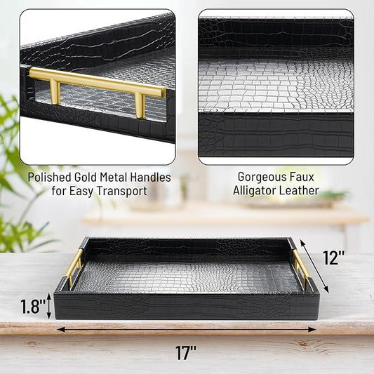 ATZYmolin 17" x 12" Wood Serving Tray with Gold Polished Metal Handles, Home Decorative Wooden Rectangle Ottoman Leather Decor Platter Bathroom Vanity Tray for All Occasions Alligator Black - ModernBath