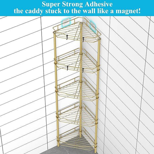 5 Tier Floor Standing Corner Shower Caddy Organizer Shelf with Hooks, Bathroom Shelves Stand Rack, Gold - ModernBath