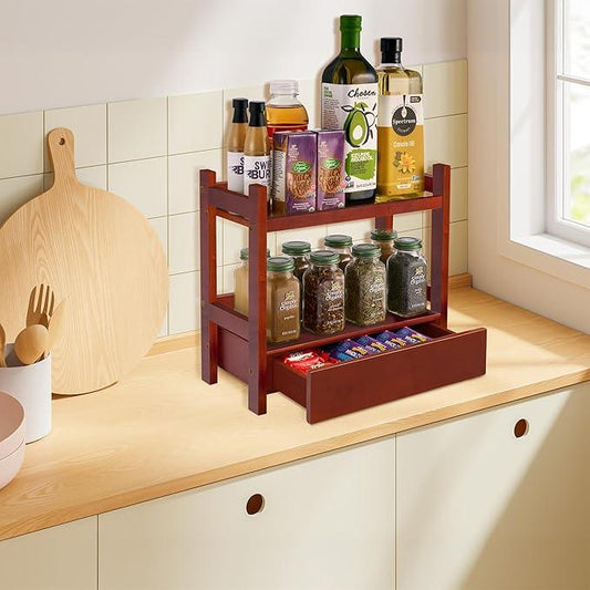 Sorbus Bamboo Bathroom Counter Organizer – 2-Tier Shelf with Hidden Drawer for Vanity, Matcha Station, Bathroom Sink Organizer Countertop, Kitchen & Office Storage (13″ L x 6.5″ W x 12.6″ H) (Brown) - ModernBath
