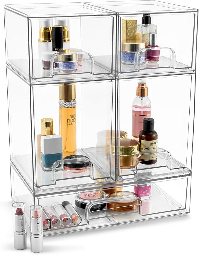 Sorbus Acrylic Storage Containers - 5 Pack, Stackable Storage Bins Set for Bathroom Organization - Clear Acrylic Drawer Organizers - Makeup Case Pull-Out Drawers (7.6’’ and 4.4’’ Tall and 12.1’’ Wide) - ModernBath