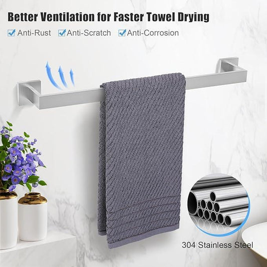 TURS Bathroom Hardware Set 4-Piece Brushed Bath Towel Bar Set Include 24 Inch Towel Bar Hand Towel Holder Towel Hook Toilet Paper Holder with Shelf Stainless Steel Bathroom Accessories Set - ModernBath