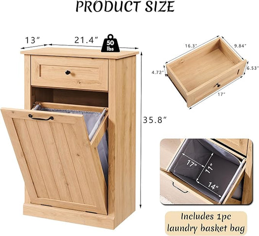 Tilt Out Laundry Hamper Cabinet, 10 Gallon Farmhouse Trash Can Cabinet with Drawer, Hidden Wood Garbage Can Bin Cabinets with Laundry Storage Basket for Bathroom, Kitchen, Natural