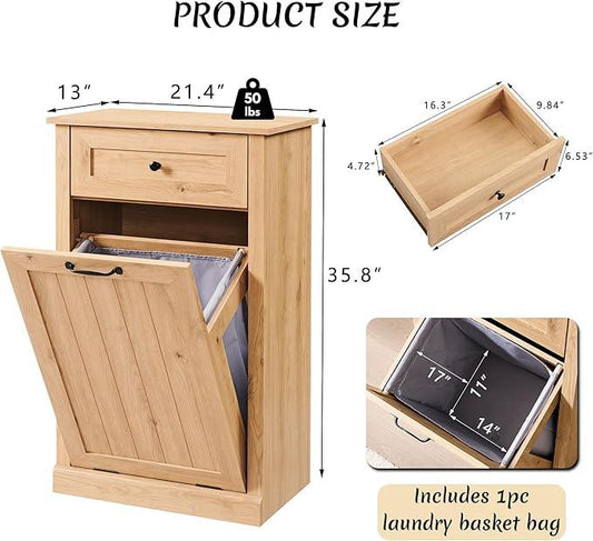 Tilt Out Laundry Hamper Cabinet, 10 Gallon Farmhouse Trash Can Cabinet with Drawer, Hidden Wood Garbage Can Bin Cabinets with Laundry Storage Basket for Bathroom, Kitchen, Natural - ModernBath