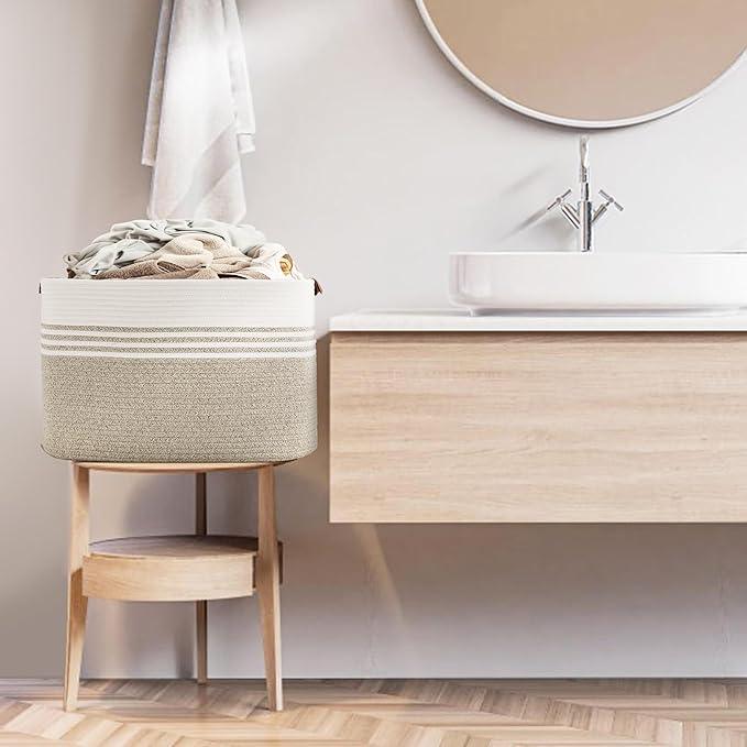 86L Extra Large Laundry Basket with Leather Handles for Living Room Storage, Woven Rope Baskets for Blanket, Kids Toy, Gifts, Wicker Hamper for Bedroom Dirty Clothes, 24"x16"x14" White Brown - ModernBath