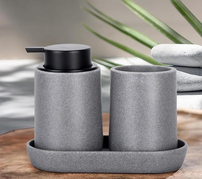 Clasin Home Grey Bathroom Accessories Set, 3 Pcs Resin Bathroom Accessories Complete Set, Sandstone Look Soap Dispenser with Large Pump, Toothbrush Cup, Soap Dish for Modern Home Decor and Kitchen - ModernBath