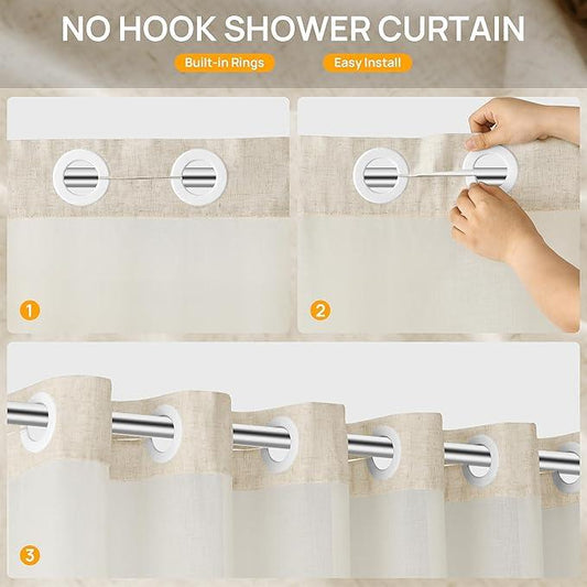 No Hooks Linen Shower Curtain with Snap in Liner Set Rustic Farmhouse Shower Curtains for Bathroom Cream Burlap Cloth Double Bath Curtains with See Through Top Window 72x75 - ModernBath