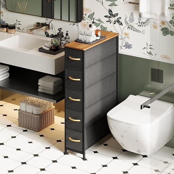Narrow Dresser Storage Tower with 5 Drawers, Slim Dresser Chest of Drawers with Steel Frame, Wood Top, Dresser for Bedroom, Bathroom, Small Spaces, Laundry, Closet, Black - ModernBath