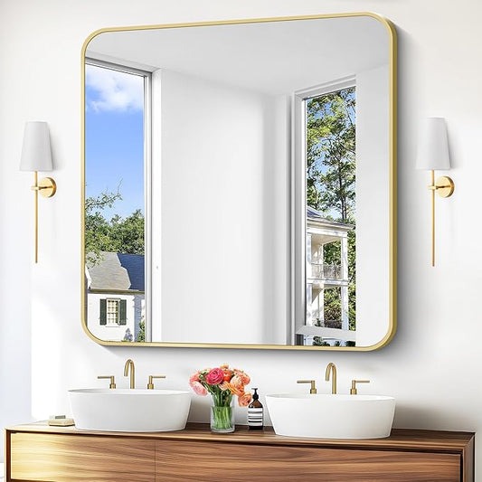 BONEWEI Gold Bathroom Mirror,48x48 inch Wall Mirror for Bathroom Wall Mounted,Round Rectangle Mirror for Bathroom Over Sink,Modern Frame for Home Decor Living Room,Bedroom Entryway,Horizontal/Vertical