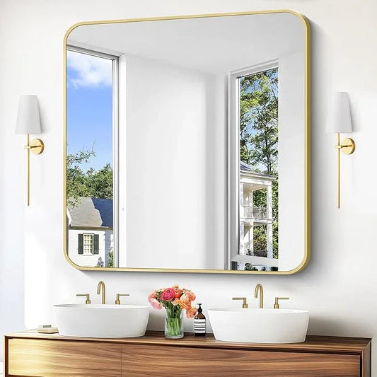 BONEWEI Gold Bathroom Mirror,48x48 inch Wall Mirror for Bathroom Wall Mounted,Round Rectangle Mirror for Bathroom Over Sink,Modern Frame for Home Decor Living Room,Bedroom Entryway,Horizontal/Vertical - ModernBath