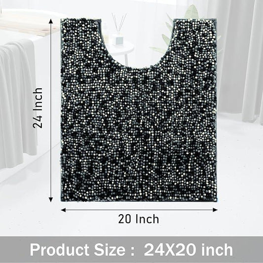 Yimobra Luxury Chenille U-Shaped Toilet Rug, Super Soft Shaggy Contour Bath Mat for Bathroom Floor, Fluffy, Water Absorbent, Non Slip, Machine Washable, Dry Quickly, 24''x 20'', Black & Dark Grey - ModernBath