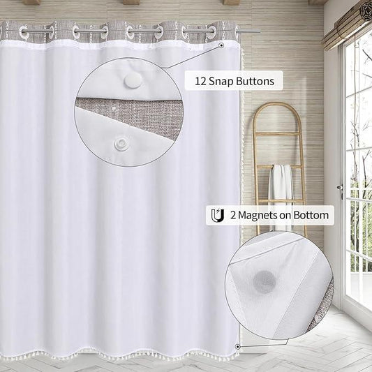 MitoVilla No Hooks Required Boho Farmhouse Shower Curtain with Snap-in Liner, Cotton Linen Fabric Shower Curtains with Tassels for Rustic Neutral Bathroom Decor, Grey Taupe, 72 x 74 - ModernBath