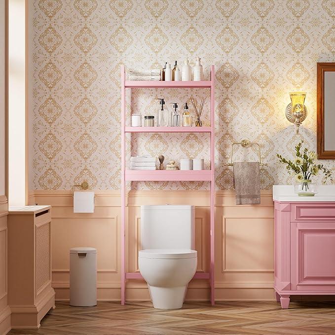 SMIBUY Bathroom Storage Shelf, Bamboo Over-The-Toilet Organizer Rack, Freestanding Toilet Space Saver with 3-Tier Adjustable Shelves (Pink) - ModernBath