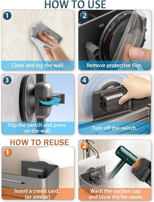 Onemake Shower Caddy Suction Cup, No Drilling Bathroom Shower Shelf, Corner Shower Caddy with 6 Portable Hooks, Removable Bath Organizer with Towel Bar for Bathroom Storage(Gray) - ModernBath