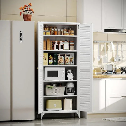 74" H Kitchen Pantry Storage Cabinet, Metal Storage Cabinets with 5 Adjustable Shelves for Kitchen Bathroom Living Room, Required Assembly, White - ModernBath