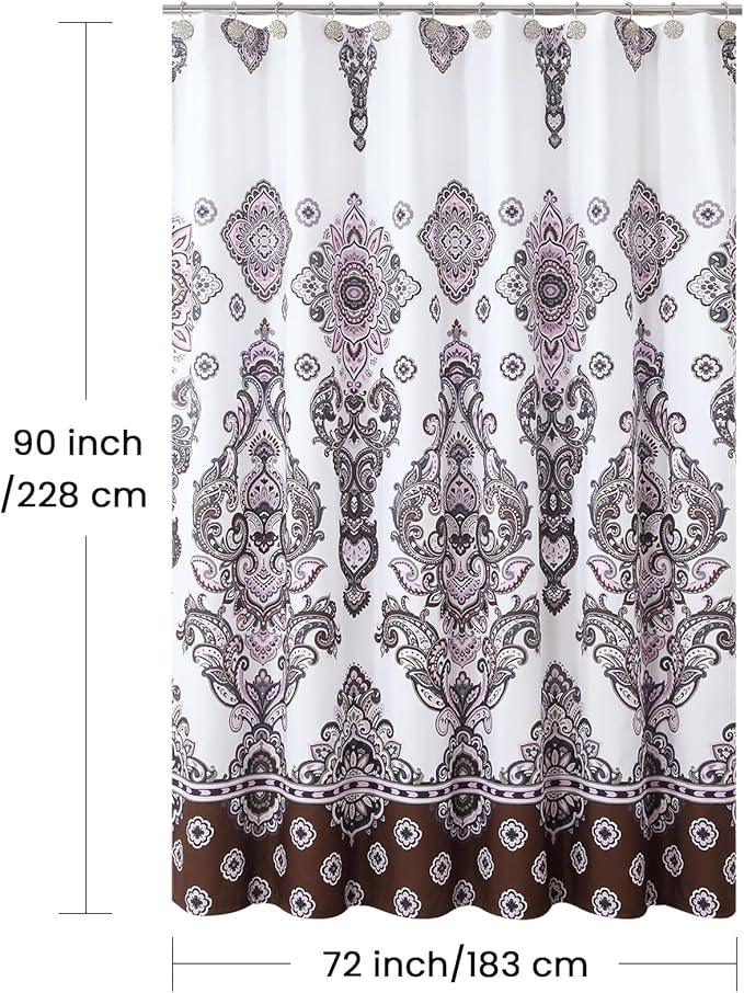 BESTRIPES 90 Inch Extra Long Shower Curtain, Luxury White Baroque Bath Curtain with Brown & Pink Paisley Medallion Print, Waterproof Premium Fabric, 72" W x 90" H - ModernBath
