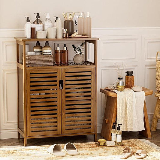 HITNET Walnut Bathroom Floor Cabinet, Bamboo Side Tall Storage Organizer, Freestanding Kitchen Cupboard with Door and Shelf - ModernBath