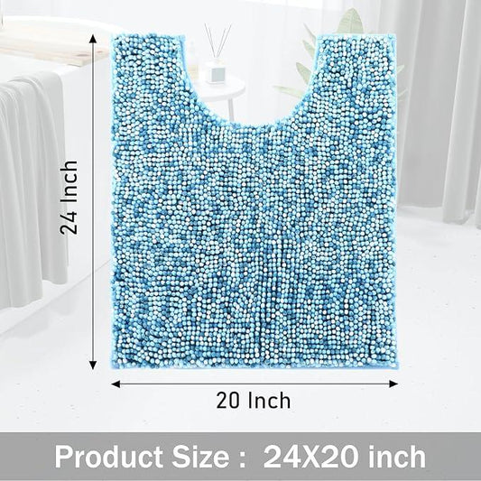 Yimobra Luxury Chenille U-Shaped Toilet Rug, Super Soft Shaggy Contour Bath Mat for Bathroom Floor, Fluffy, Water Absorbent, Non Slip, Machine Washable, Dry Quickly, 24''x 20'', Blue & Light Blue - ModernBath