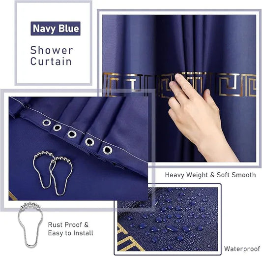 XLHOMO Bathroom Sets with Shower Curtain and Rugs Bathroom Accessories Set Navy Blue Bathroom Set,Soap Dispenser & Toilet Brush Holder Set with Stainless Steel Trash Can - ModernBath