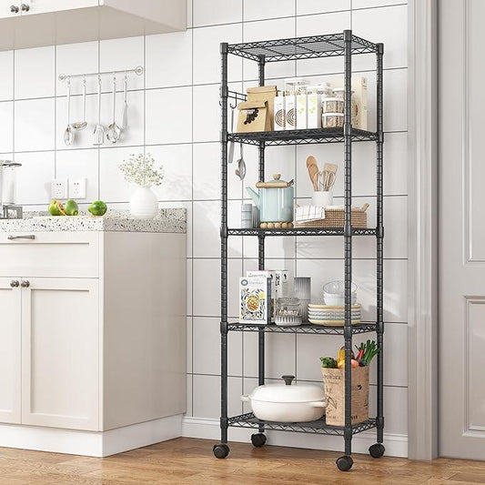 Homdox 5 Tier Wire Shelving Unit on Wheels, Adjustable Storage Racks and Shelving, Heavy Duty Rolling Metal Shelves with Side Hooks for Laundry Bathroom Kitchen Garage Pantry Organization, Black - ModernBath