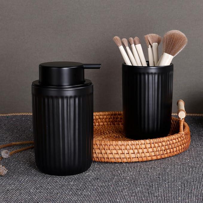 BosilunLife Dish Hand Soap Dispenser - Black Liquid Pump Soap Dispenser for Bathroom Decro 12oz Ceramic Kitchen Dish Dispenser with Rust-Proof Liquid Pump Modern Refillable Lotion Bottles - ModernBath