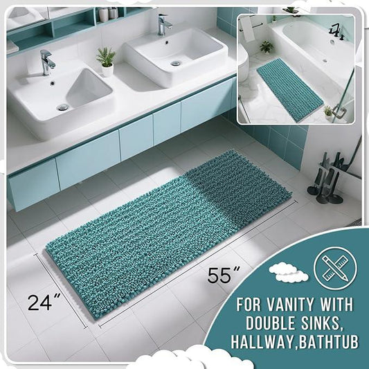 Yimobra Bathroom Runner Rug 55x24 Inch - Extra Long Non Slip Chenille Bath Mat, Soft & Absorbent, Machine Washable Shaggy Hallway Carpet for Vanity Tub Shower, Teal Blue Home Decor Accessories - ModernBath