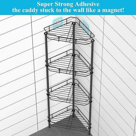 4 Tier Floor Standing Corner Shower Caddy Organizer Shelf with Hooks, Bathroom Shelves Stand Rack, Matt Black - ModernBath