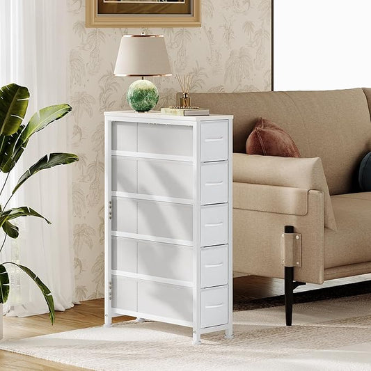 Narrow Dresser Storage Tower with 5 Drawers, Slim Dresser Chest of Drawers with Steel Frame, Wood Top, Dresser for Bedroom, Bathroom, Small Spaces, Laundry, Closet, White