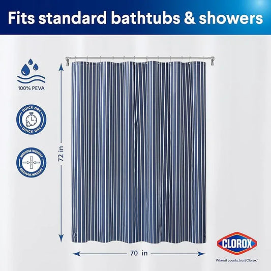 CLOROX Shower Curtain Liner, Premium Striped Medium-Weight Durable Waterproof 6g PEVA for Bathroom with Weighted Magnets, Printed Standard Size 72" x 72", Navy - ModernBath