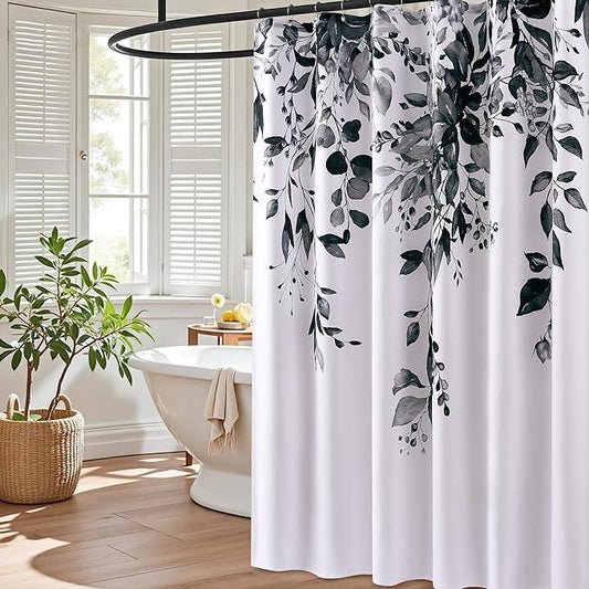 BOODII Black Plant Watercolor Shower Curtains 72 inches Long Floral Leaf Shower Curtain for Bathroom Botanical Leaves Black Eucalyptus Curtain Jungle Bathroom Decor 72x72 - ModernBath