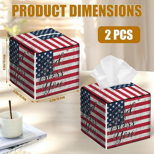 American Flag Tissue Box Cover 2PCS, God Bless You Leather Tissue Box Holder Square Facial Paper Case Tissue Box Cube Organizer for Bathroom Bedroom Desk Office