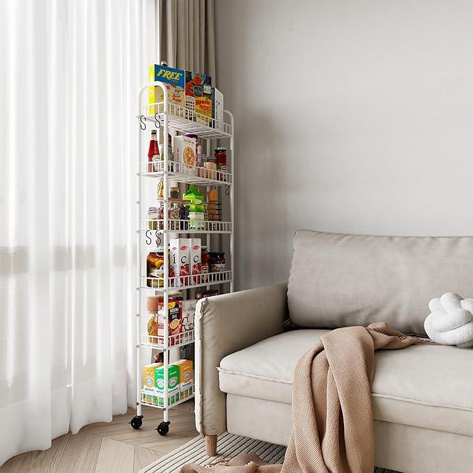 6 Tier Slim Rolling Storage Cart with Wheels, Metal Mobile Shelving Unit Organizer Utility Cart for Office Bathroom Kitchen Laundry Room Narrow Places (White 6 Inches) - ModernBath