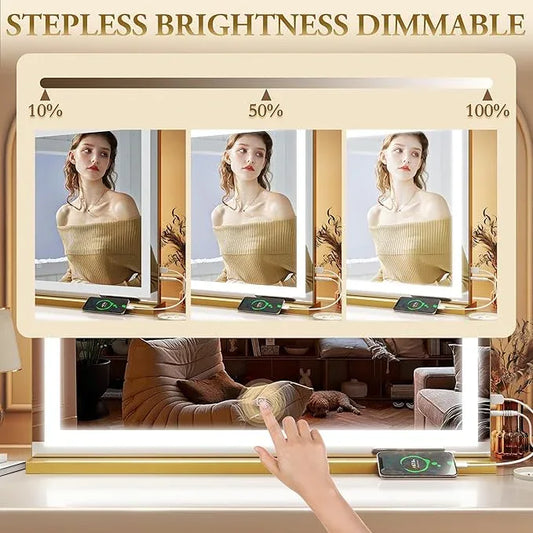 ROLOVE Vanity Mirror with Lights, 32" x 22" Large Lighted Vanity Mirror with Dimmable 3 Modes, LED Makeup Mirror, 10X Magnification, USB Charging Port, Tabletop or Wall-Mounted Square Gold - ModernBath