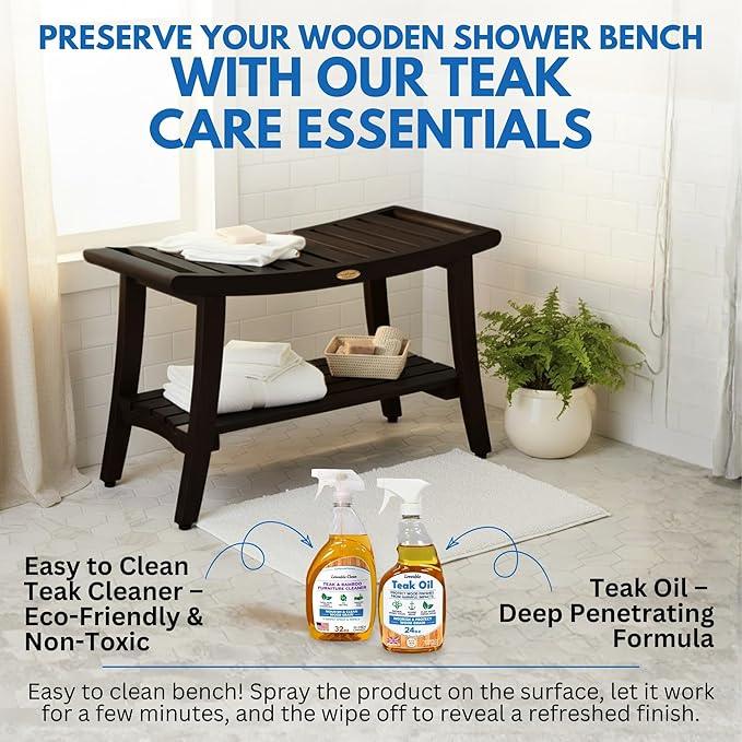 DecoTeak Harmony 30 Inch Brown Waterproof Teak Wood Shower Bench | Provides Safety, Storage, and Organization for Bathroom Accessories - ModernBath