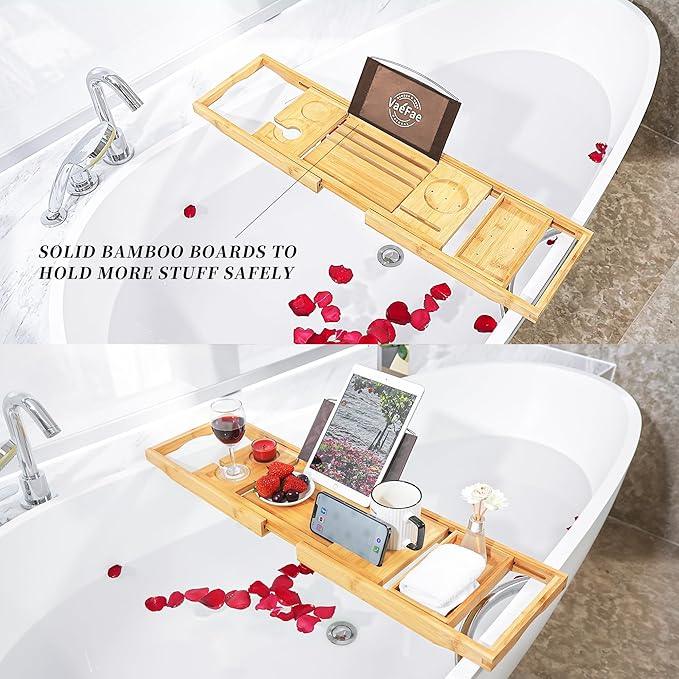 VaeFae Bamboo Bathtub Caddy Tray, Expandable Bath Tray for Tub with Upgraded Wine Slots and Book Holder - Ideal for One or Two Person Use - ModernBath