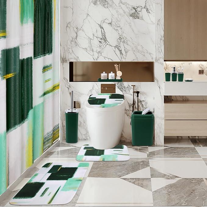 XLHOMO Bathroom Set - Dark Green Bathroom Accessories Set, Bathroom Sets with Shower Curtain and Rugs, Green Shower Curtain Set with Bathroom Trash Can, Soap Dispenser, Soap Dish for Home Decor - ModernBath