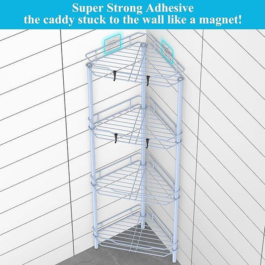 4 Tier Floor Standing Corner Shower Caddy Organizer Shelf with Hooks, Bathroom Shelves Stand Rack, Blue - ModernBath