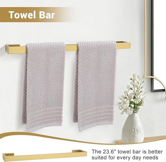 Brushed Gold Bathroom Hardware Set, 4-Piece Bath Towel Bar Set SUS304 Stainless Steel Towel Rack Set for Bathroom, 23.6 inches Bathroom Towel Holder Set Wall Mounted - ModernBath