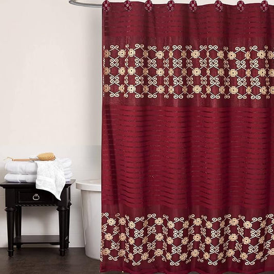 Zahari Home 13pc Elegant Rose Bathroom Shower Curtain Sets Elegant Shower Curtain & 12 Shower Curtain Rings Contemporary Decor Burgundy Shower Curtain Unique Design Stylish Shower Accessories