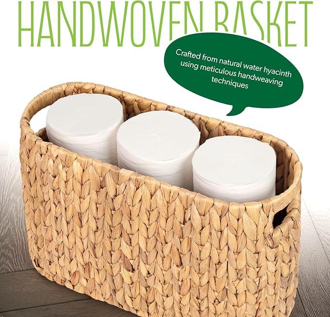 Toilet Paper Storage Holder with Built-in Handles, Water Hyacinth Toilet Papers Holder for up to 6 Mega Rolls, Wicker Toilets Paper Baskets, Decor Bathroom Storage Basket for Countertops,Shelves - ModernBath