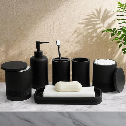 LIN CHUAN 6-Piece Bathroom Accessories Set, Organizer Set with Soap Dispenser, Toothbrush Holder Set, Vanity Tray, Tumbler & 2 Cotton Swab Jars – Modern Stylish Bathroom Storage(Matte Black) - ModernBath