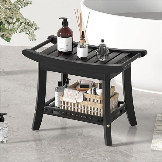 Eastglory Bamboo Shower Bench Chair Bathroom Shower Stool Seat for Inside Shower Bathtub with Storage Shelf Shower Foot Rest for Shaving Legs 25.2 x 13 x 19.2 Inches Black - ModernBath