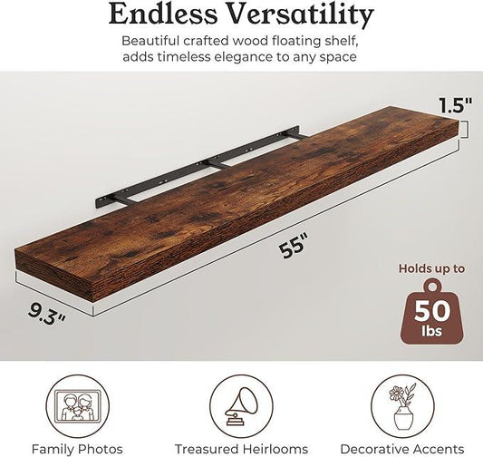 Floating Shelves for Wall, Wall Mounted Rustic Wood Shelves for Bathroom, Bedroom, Living Room, Kitchen, Hanging Shelf for Books/Storage/Room Decor (Brown, 55") - ModernBath