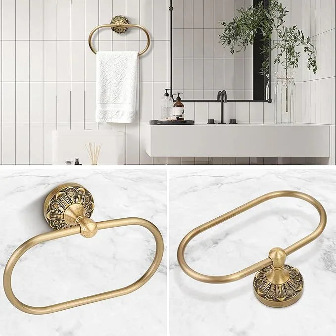 Antique Brass Toilet Paper Holder Towel Ring, Brass Towel Holder Toilet Paper Roll Holder, Rustic Vintage Oval Towel Rack Bathroom Accessories Set Hardware 2 Pieces Farmhouse Wall Mounted - ModernBath
