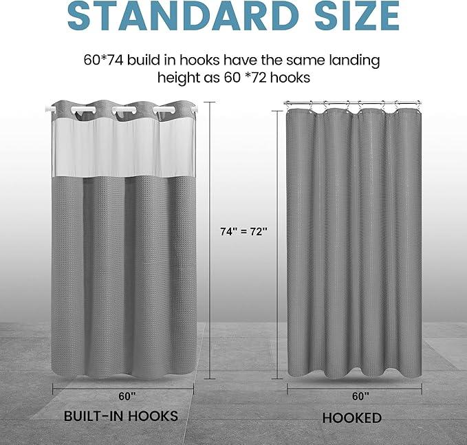 EUTXL Stall No Hook Shower Curtain with Snap in Liner,230GSM Waffle Weave Shower Curtains for Bathroom,60W x 74H,Grey - ModernBath