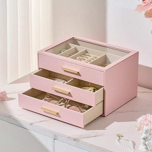 pickpiff Jewelry Box Organizer Case for Women: 3-Layer Jewelry Storage Case with Glass Window, Pink Leather with Velvet Holder for Ring Necklace Bracelet Brooch Watch, Great Gift for Her - ModernBath