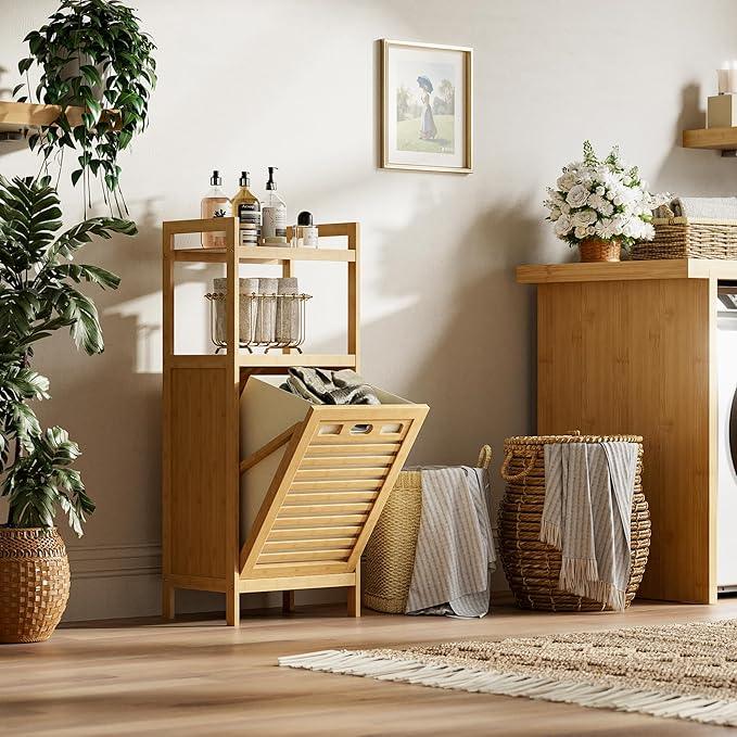 HITNET Tilt Out Laundry Hamper, Bamboo Laundry Basket with Foldable Bag and 2 Open Shelves, Freestanding Clothes Storage Organizer for Bedroom, Bathroom, Living Room, Natural - ModernBath