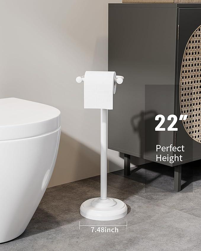 Toilet Paper Holder Stand, White Toilet Paper Holder Free Standing, Post Pivoting Design & Stable Weighted Base SUS304 Stainless Steel for Bathroom (Mega Roll) - ModernBath