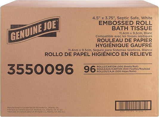 Genuine Joe Embossed Bath Tissue, 2-Ply, Septic Safe, Individually Wrapped, 4.5" x 3.75", 500 Sheets/Roll, 96 Count - ModernBath