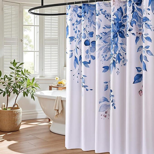 BOODII Blue Plant Watercolor Shower Curtains 72 inches Long Floral Leaf Shower Curtain for Bathroom Botanical Leaves Hunter Blue Eucalyptus Curtain Jungle Bathroom Decor 72x72 - ModernBath
