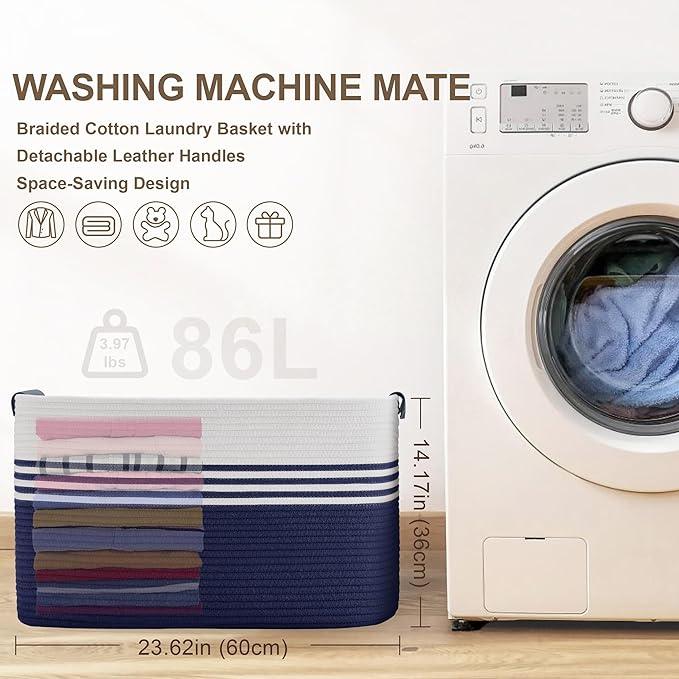 86L Extra Large Laundry Basket with Leather Handles for Living Room Storage, Woven Rope Baskets for Blanket, Kids Toy, Gifts, Wicker Hamper for Bedroom Dirty Clothes, 24"x16"x14" White Navy - ModernBath